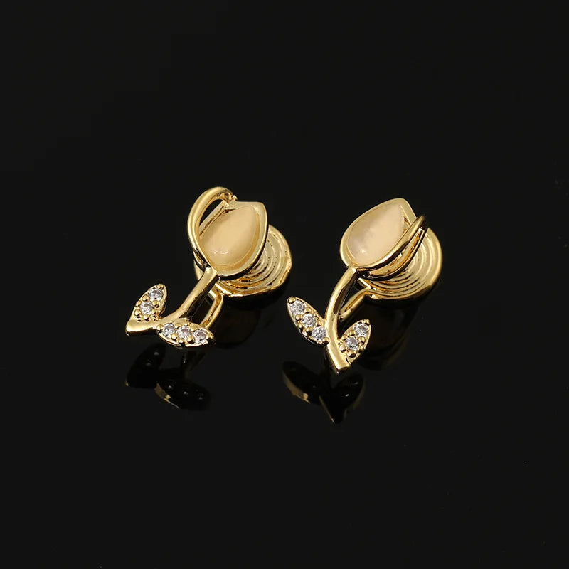 Elegant Gold Alloy Cat Eye Tulip Flower Rhinestone Stud & Clip On No Piercing French Earrings