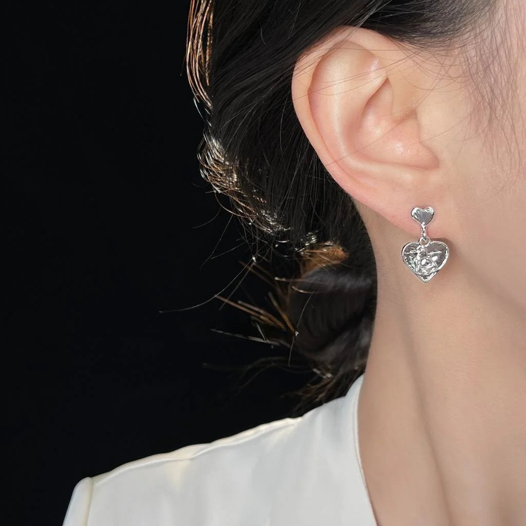 Silver Plated Copper Angel Heart Stud Earrings Korean Minimalist Cool Style Jewelry
