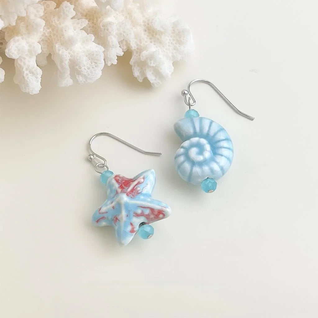 Handmade Ceramic Glass Crystal Conch Starfish Asymmetric Resort Style Drop Earrings