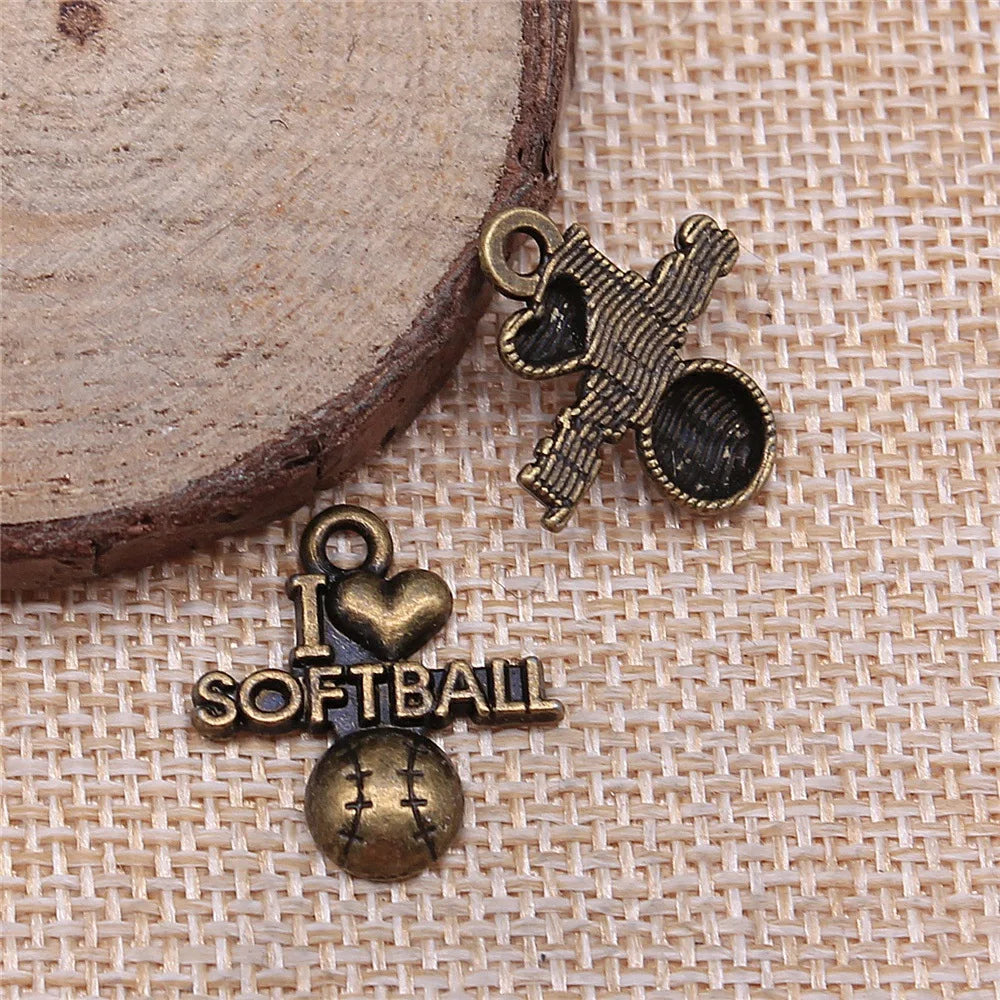 20x19mm 1.5g Multicolor Zinc Alloy I Love Softball Sports Charm Pendant for Bracelet Necklace Making