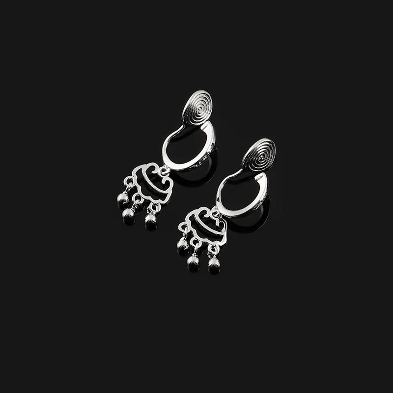 Vintage Silver Tone Alloy Peace Lock Spiral Hoop Tassel Elegant Stud & Clip On No Piercing Earrings