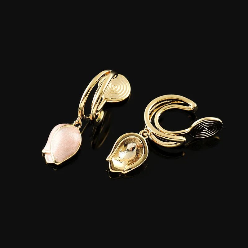 Elegant Pink Enamel Rose Flower Alloy Drop Stud & Clip On No Piercing Spiral Disc Dangle Earrings