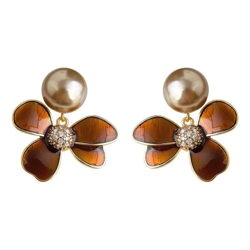 Vintage Maillard Copper Enamel Flower Drop Earrings with Pearl Zircon