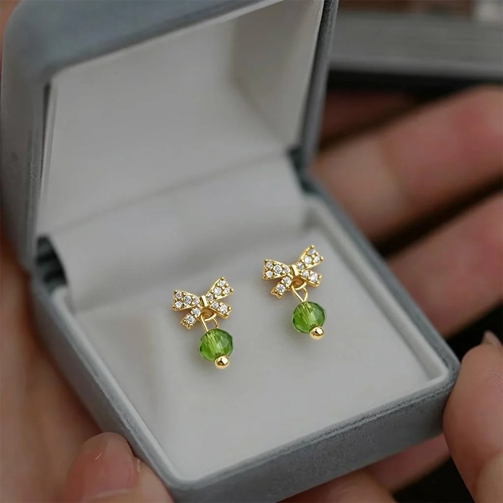 Mini Cute Bow Stud Earrings Micro Pave Zircon Crystal 14K Plated Copper Handmade Jewelry