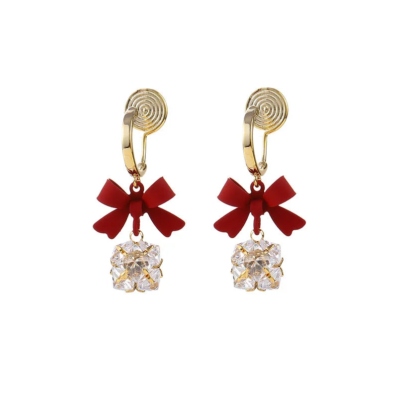 Elegant Red Bowknot Zircon Crystal Ball Spiral Alloy Stud & Clip On No Piercing Drop Dangle Earrings