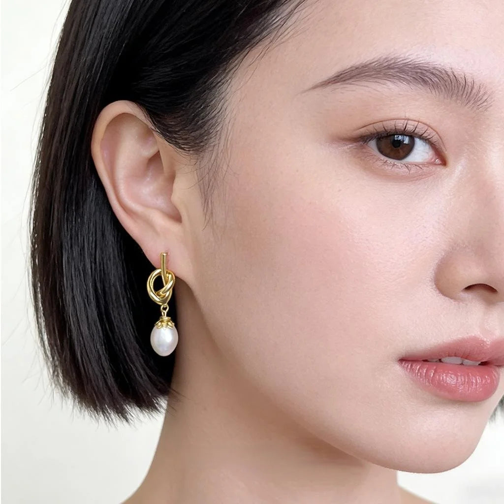 Handmade 14K Gold Plated Copper Knot Drop Earrings With Baroque Freshwater Pearl