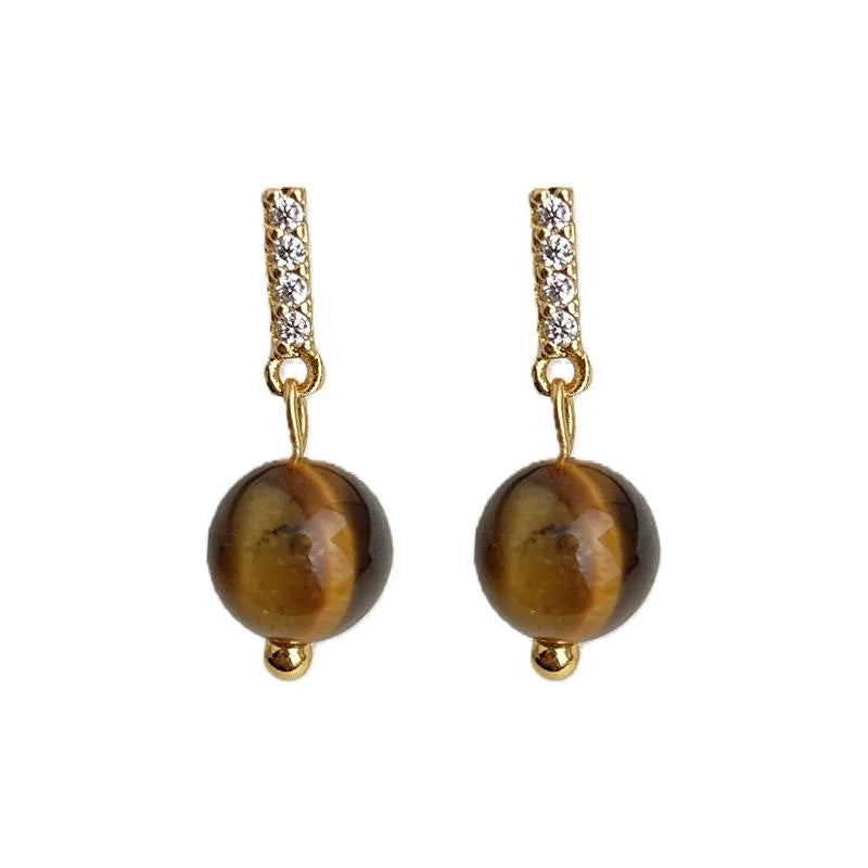 Maillard Style Tiger Eye Zircon Micro Pave Round Geometric Copper Drop Earrings
