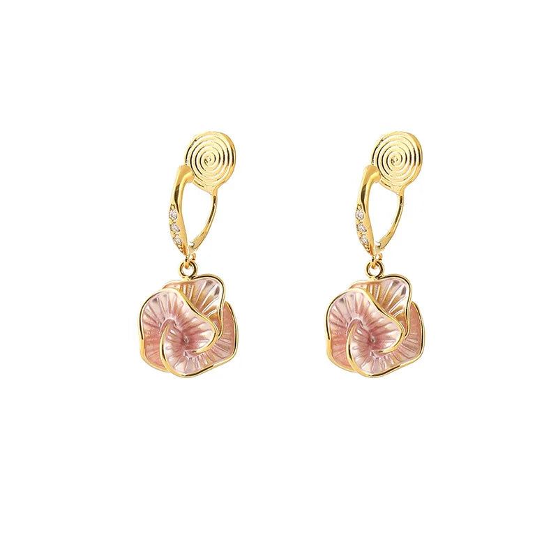 Elegant Pink Enamel Camellia Flower Rhinestone Spiral Drop Stud & Clip On No Piercing Earrings