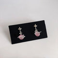 Sweet Cool Pink Glass Cat Eye Stone Star Planet Stud Earrings Copper Micro Pave Zircon Silver Plated