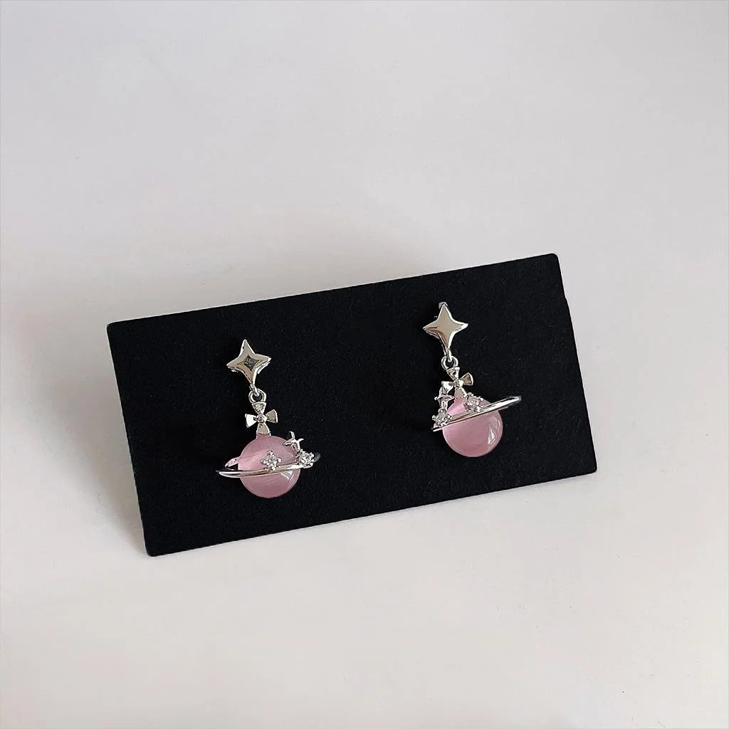 Sweet Cool Pink Glass Cat Eye Stone Star Planet Stud Earrings Copper Micro Pave Zircon Silver Plated