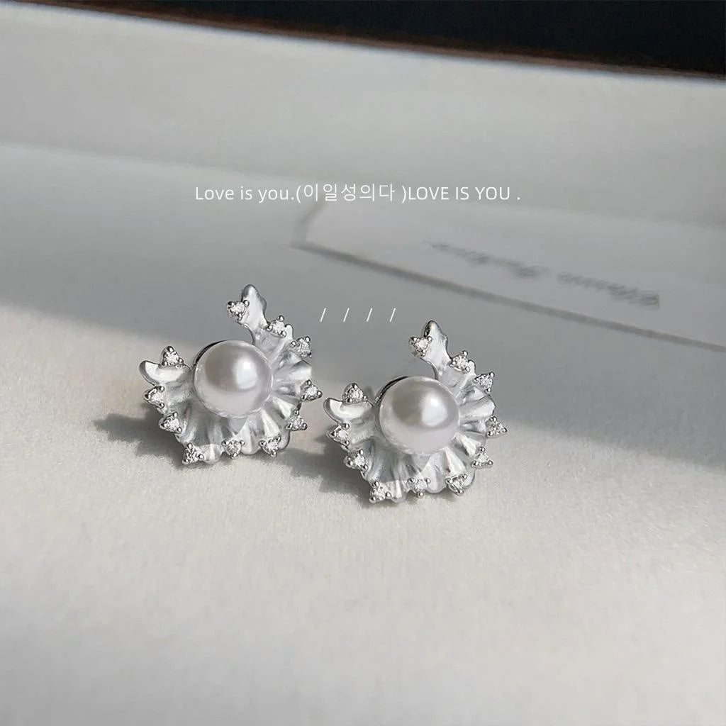 Micro Pave Zircon Pearl Ruffle Stud Earrings Copper Geometric Minimalist Office Jewelry