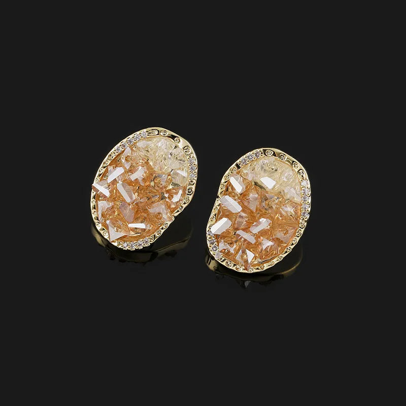 Elegant Oval Geometric Crystal Zircon Gold Tone Stud & Clip On No Piercing Luxury Women's Earrings