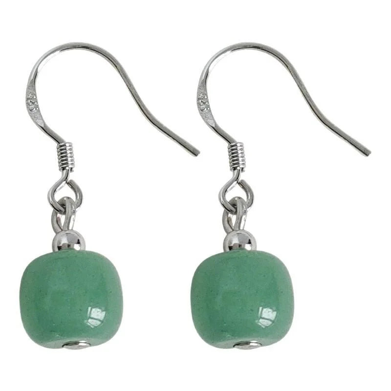 Vintage Green Aventurine Geometric Round Drop Earrings Silver Plated Handmade Forest Style