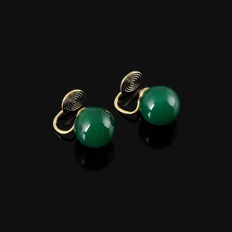 Vintage Green Agate Round Bead Spiral Alloy Stud & Clip On No Piercing Chinese Style Earrings