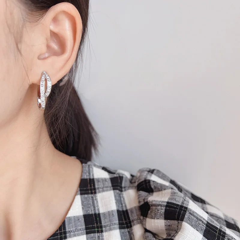 Luxury Irregular Double Cross Hoop Zircon Stud & Clip On No Piercing Women's Fashion Earrings