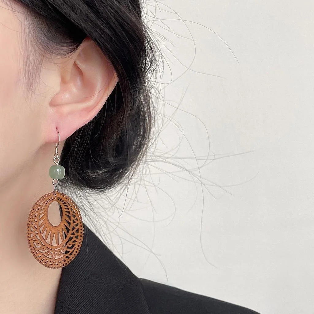 New Chinese Style Wood And Aventurine Jade Geometric Oval Ethnic Vintage Drop Earrings