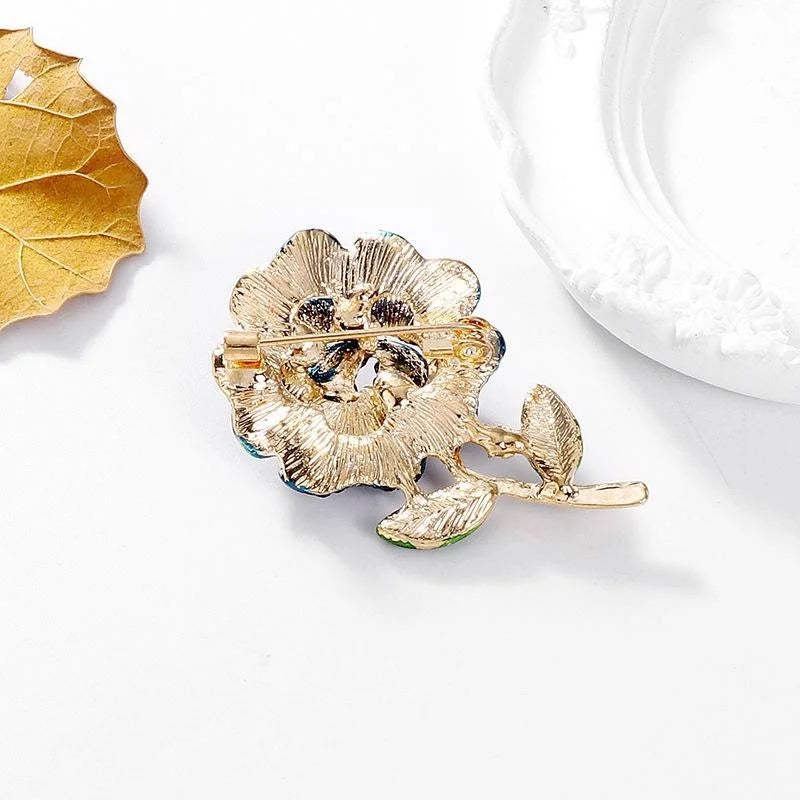 Elegant Red Rose Flower Rhinestone Enamel Brooch, Gold Tone Alloy Lapel Pin Corsage Gift For Women