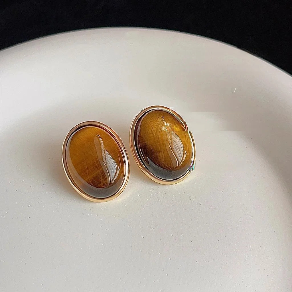 Vintage Tiger Eye Oval Geometric Stud Earrings 14K Plated Copper Natural Stone Ear Jewelry