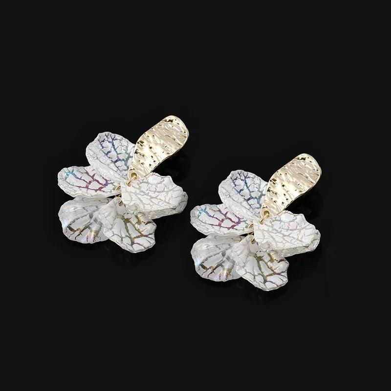 Elegant White Enamel Flower Petal Alloy Stud & Clip On No Piercing Korean Fashion Drop Earrings