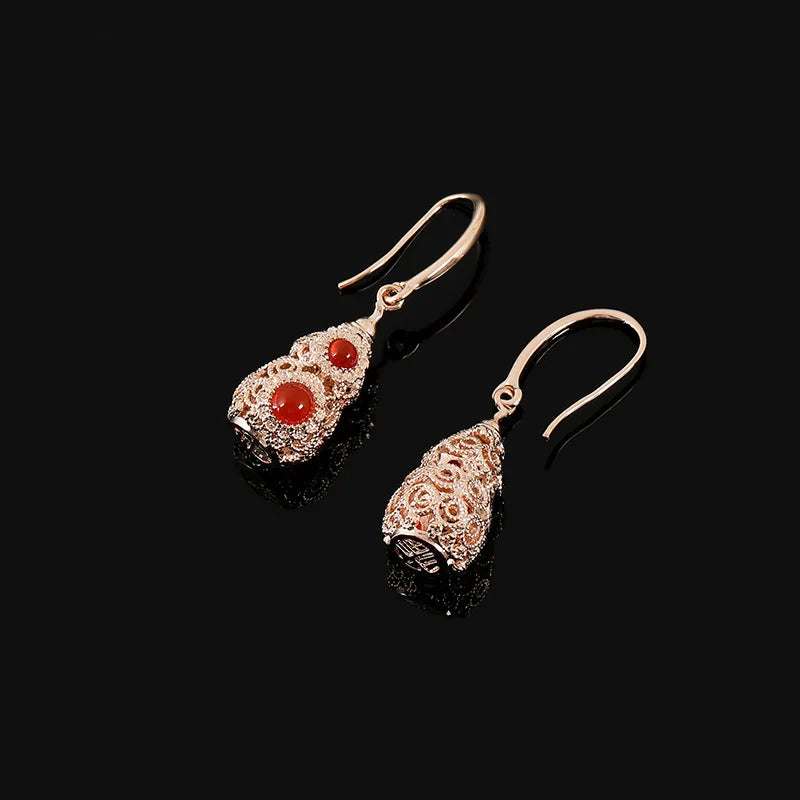 Elegant Hollow Red Agate Gourd Rhinestone Alloy Stud & Clip On No Piercing Drop Earrings