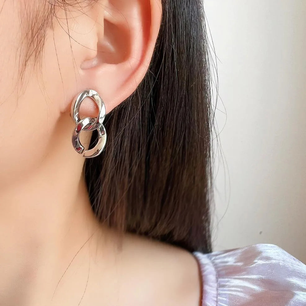 Vintage Silver Alloy Chunky Chain Link Drop Stud & Clip On No Piercing Hong Kong Style Earrings
