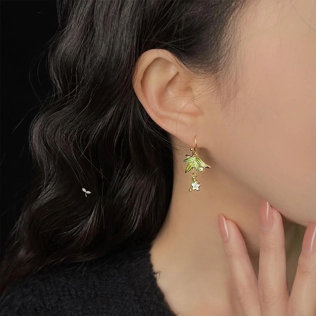 New Chinese Style Copper Bamboo Leaf Drop Earrings Minimalist Artistic Long Earrings for Women