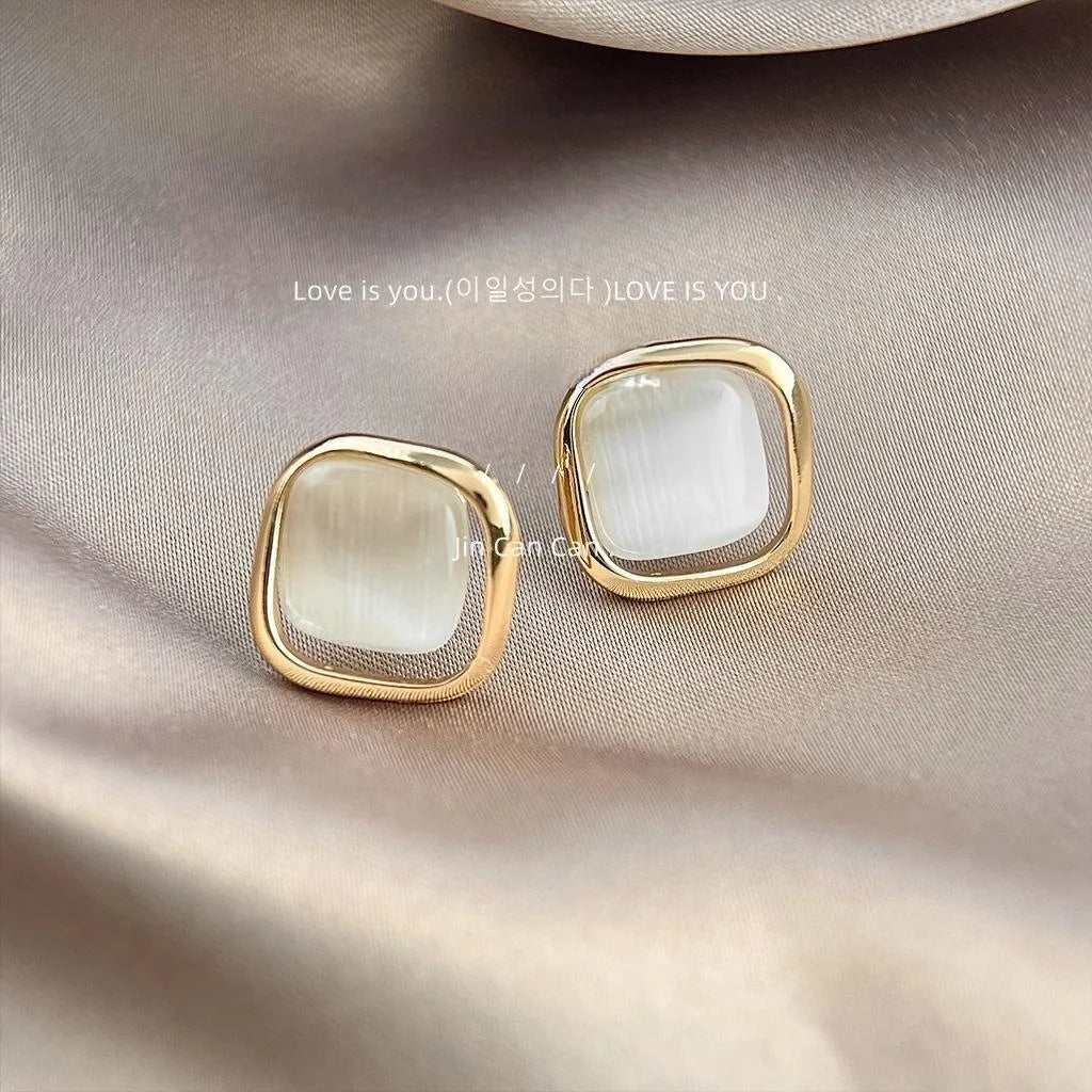 French Luxury Style 14K Plated Copper Glass Cat Eye Stone Square Geometric Stud Earrings