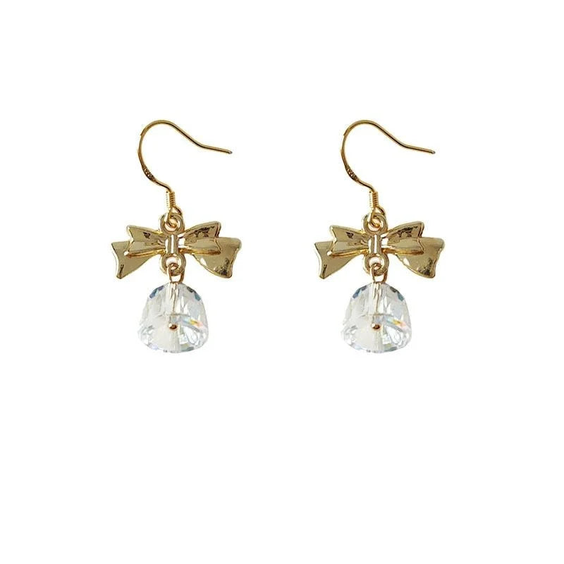 Vintage French Bow Drop Earrings Copper Glass Crystal Transparent Bell Princess Style
