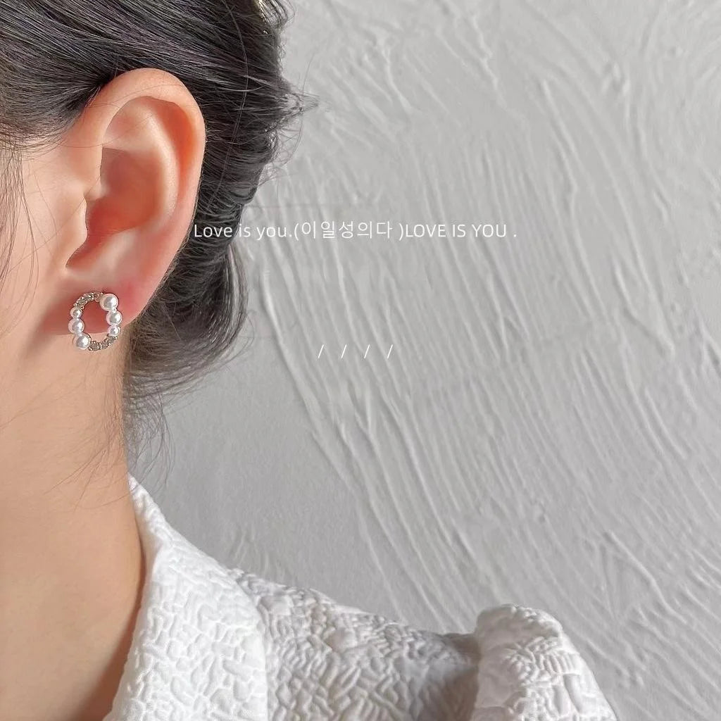 French Vintage Geometric Oval Micro Pave Zircon Copper Stud Earrings