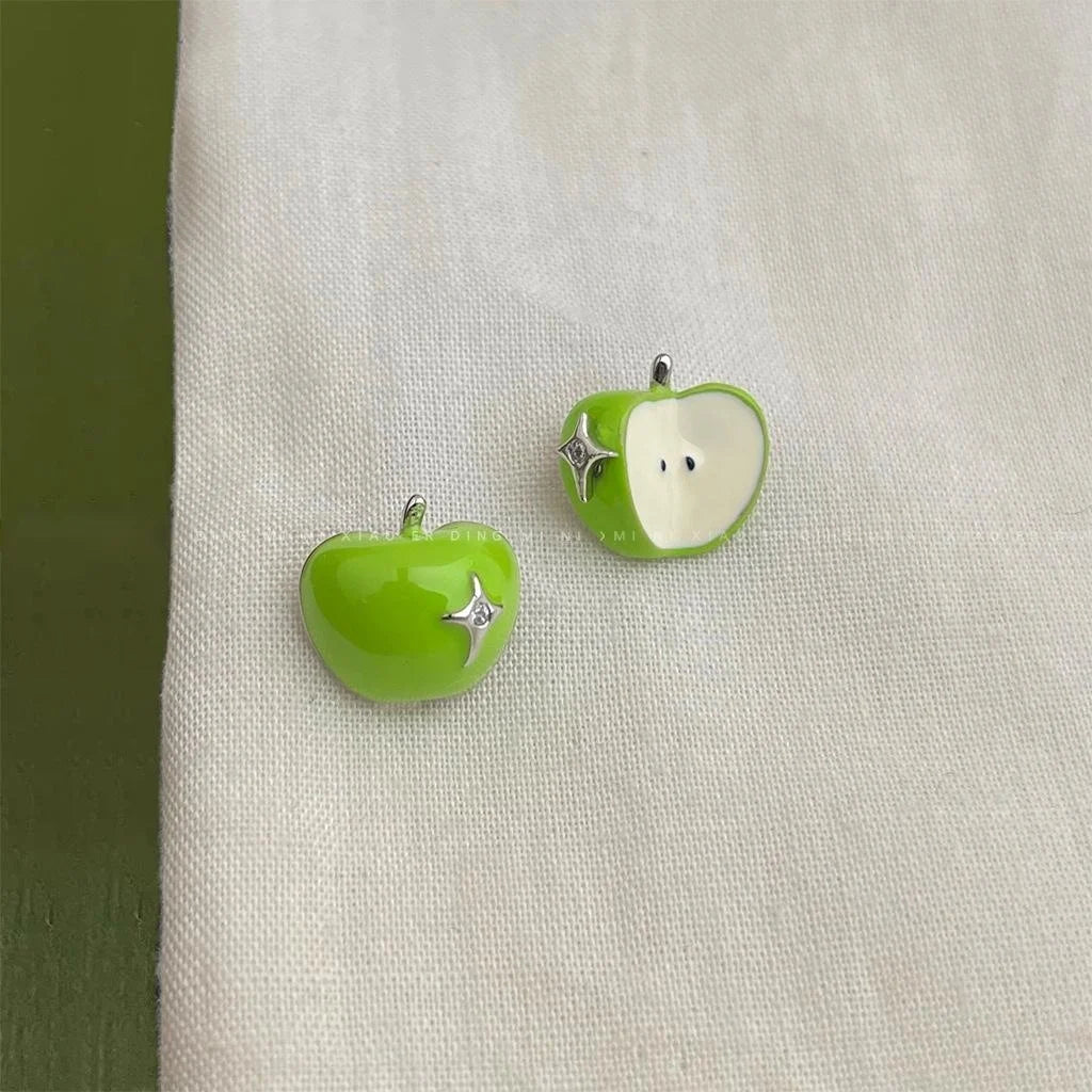 Asymmetric Green Apple Stud Earrings Copper Enamel Zircon Starburst Style for Women