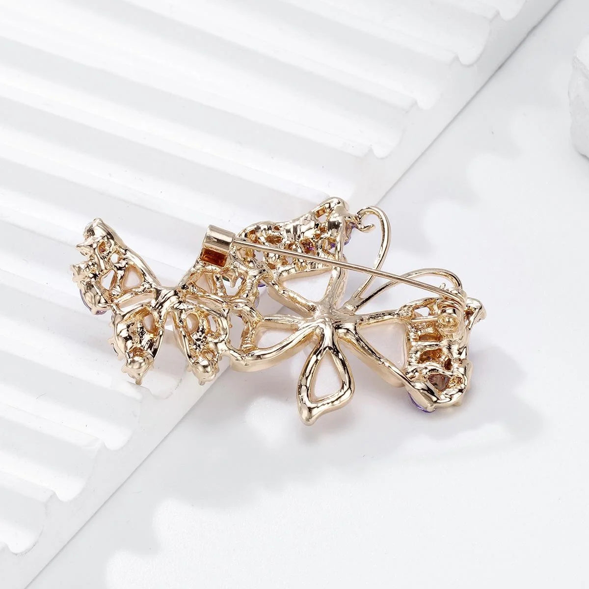 Elegant Double Butterfly Mother Of Pearl Rhinestone Brooch, Gold Alloy Lapel Pin Corsage Gift For Women