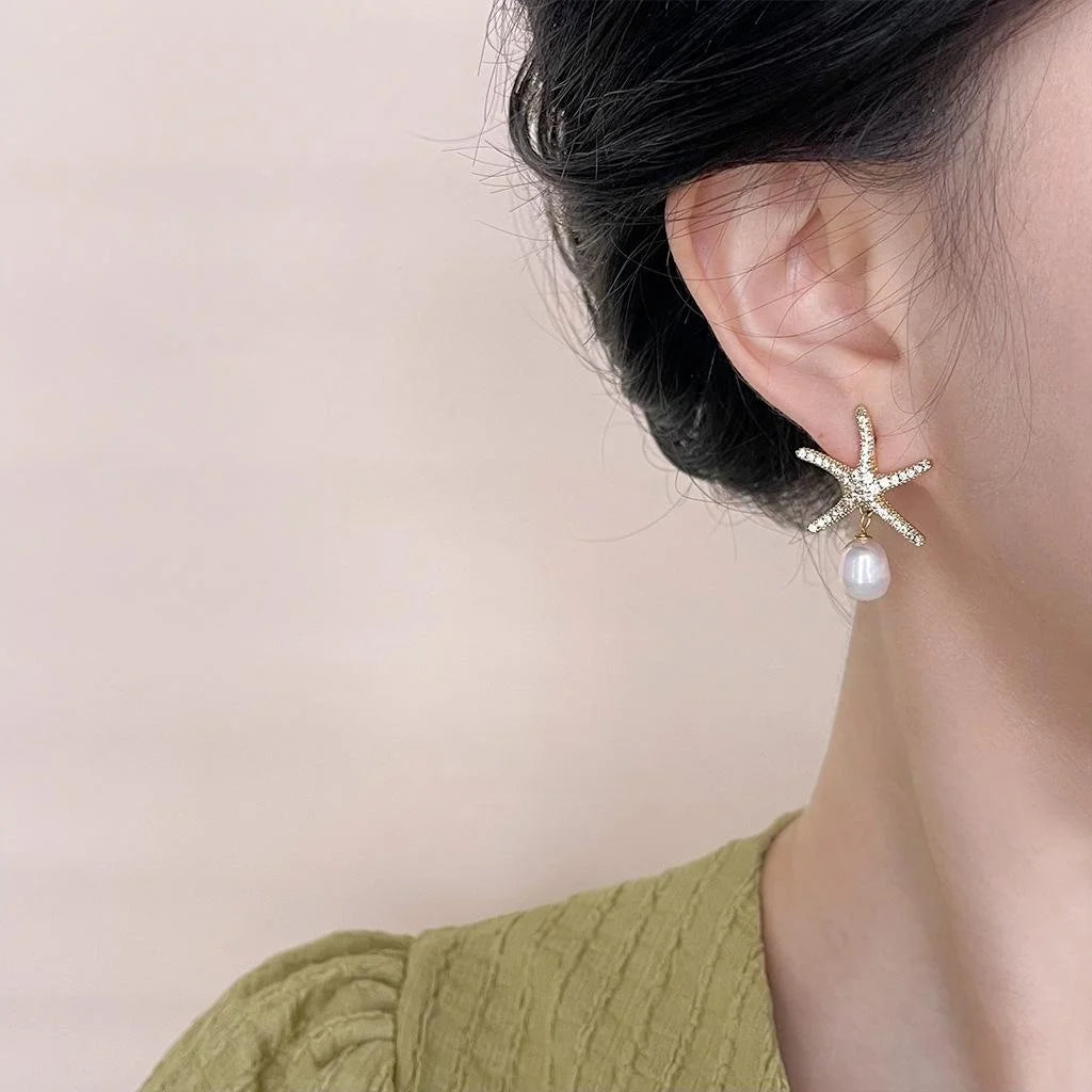 14K Gold Plated Copper Freshwater Pearl Zircon Starfish Drop Earrings Summer Vacation Style