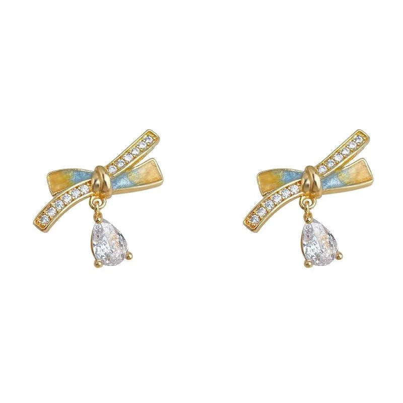 Cream Sweet Style Bow Stud Earrings 14K Plated Copper Zircon Micro Pave Enamel For Women