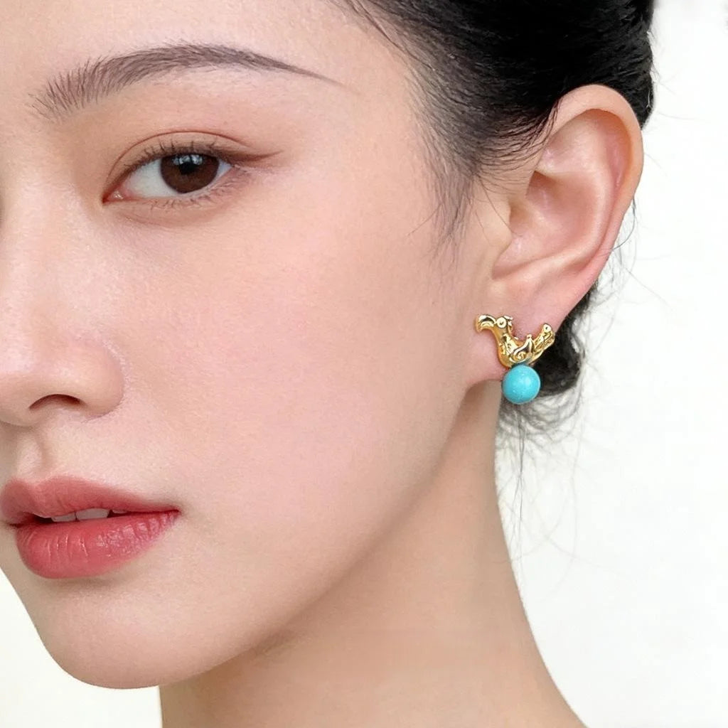 Vintage Bird Geometric Copper Synthetic Turquoise Stud Earrings