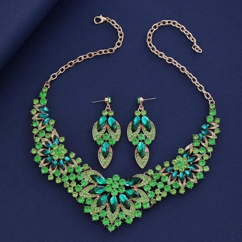 Luxury Bridal Rhinestone Crystal Flower Necklace And Earrings Jewelry Set, Silver Tone Wedding Party Jewelry