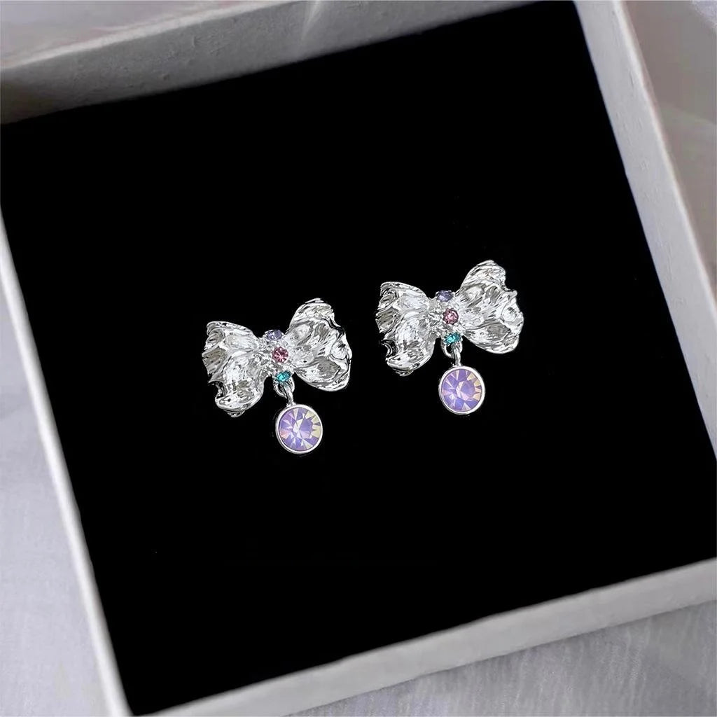 Sweet Liquid Bow Stud Earrings Copper Cute Niche Designer Ear Jewelry