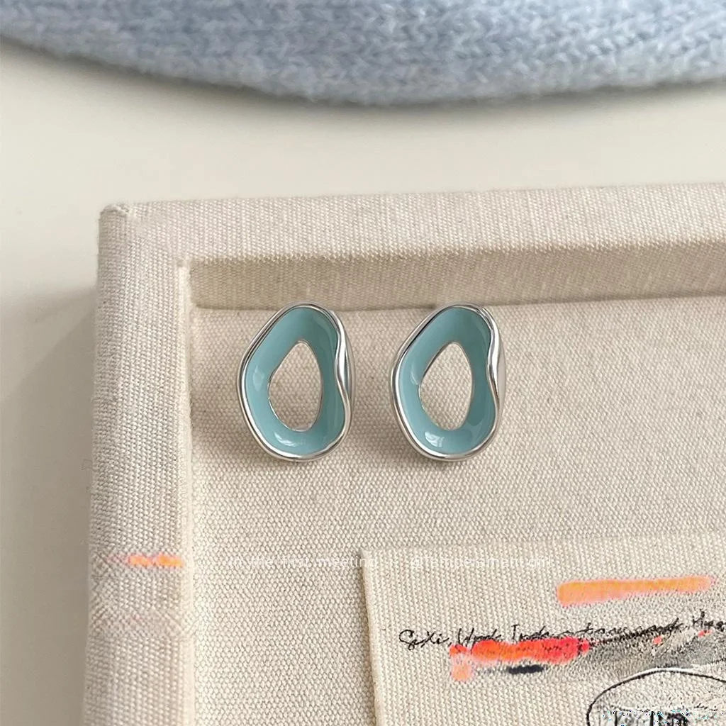 Glacier Blue Hollow Geometric Copper Stud Earrings For Women, Casual 3D Irregular Design