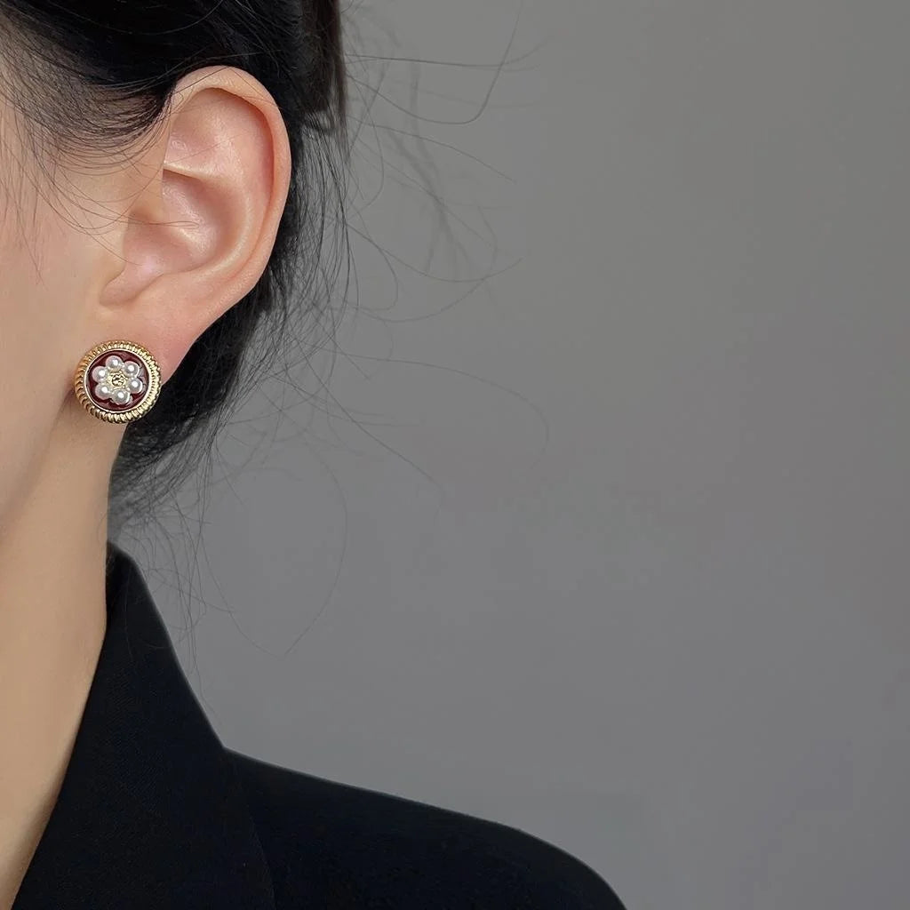 French Retro Burgundy Round Geometric Pearl Copper Stud Earrings With Silver Plated Pins