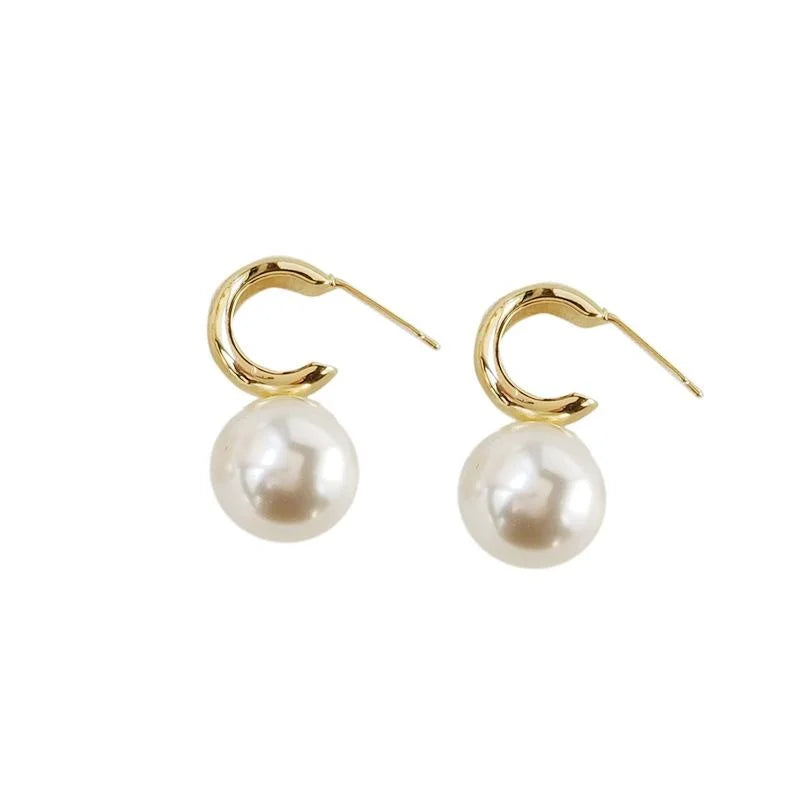 French Style 14K Gold Plated Copper C-Shaped Large Pearl Drop Earrings For Women