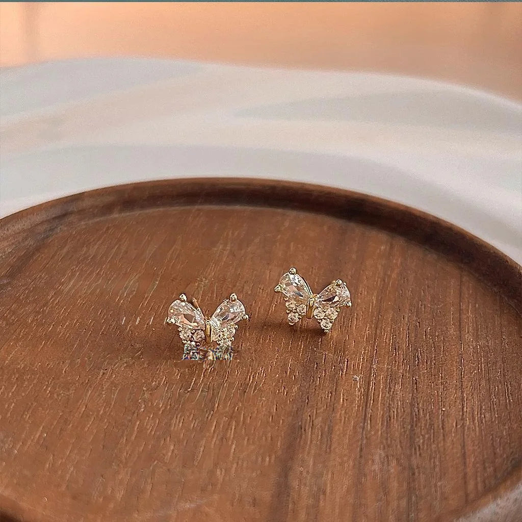 14K Plated Copper Micro Pave Zircon Butterfly Stud Earrings Sweet Fresh Insect Jewelry