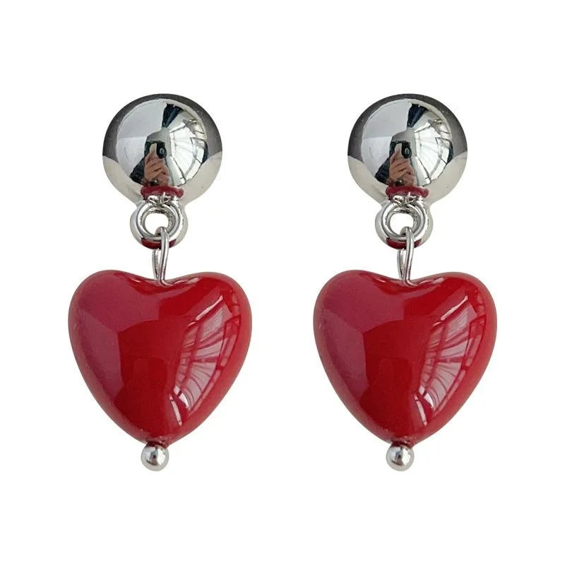 Elegant Burgundy Heart Drop Earrings, Handmade Resin Lacquer Copper