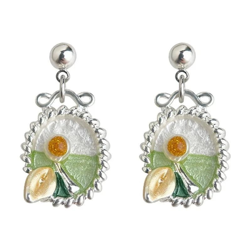 Forest Style Copper Enamel Flower Leaf Drop Earrings Handmade Monet Garden Jewelry