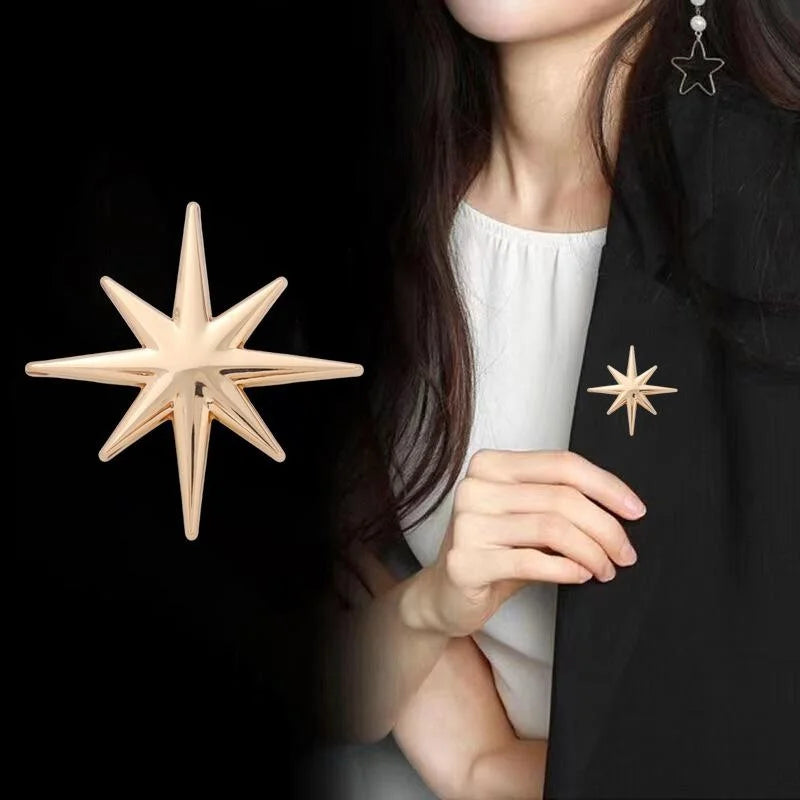 Luxury Eight Point Star Alloy Brooch, Polished Gold Irregular Lapel Pin For Women's Suit Accessory Gift