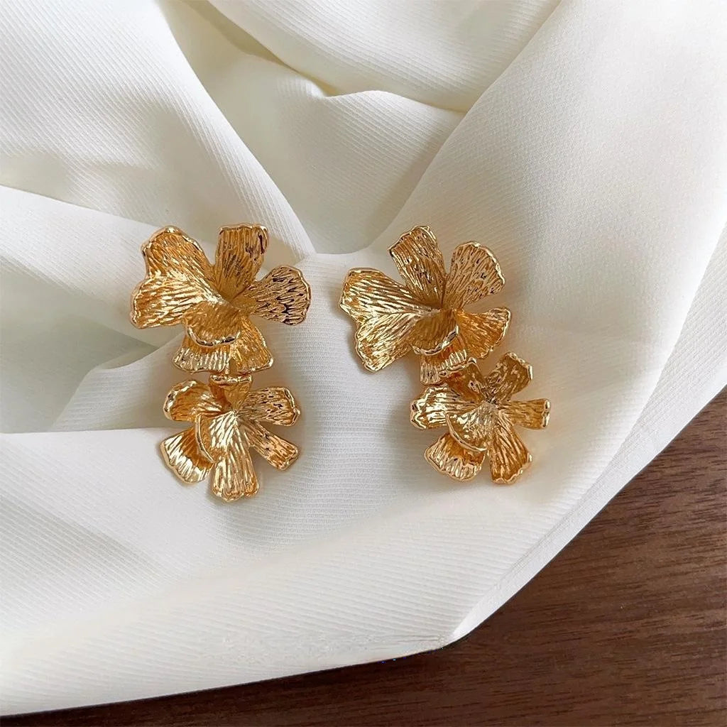 Vintage 14K Gold Plated Copper 3D Flower Petal Convertible Drop Earrings