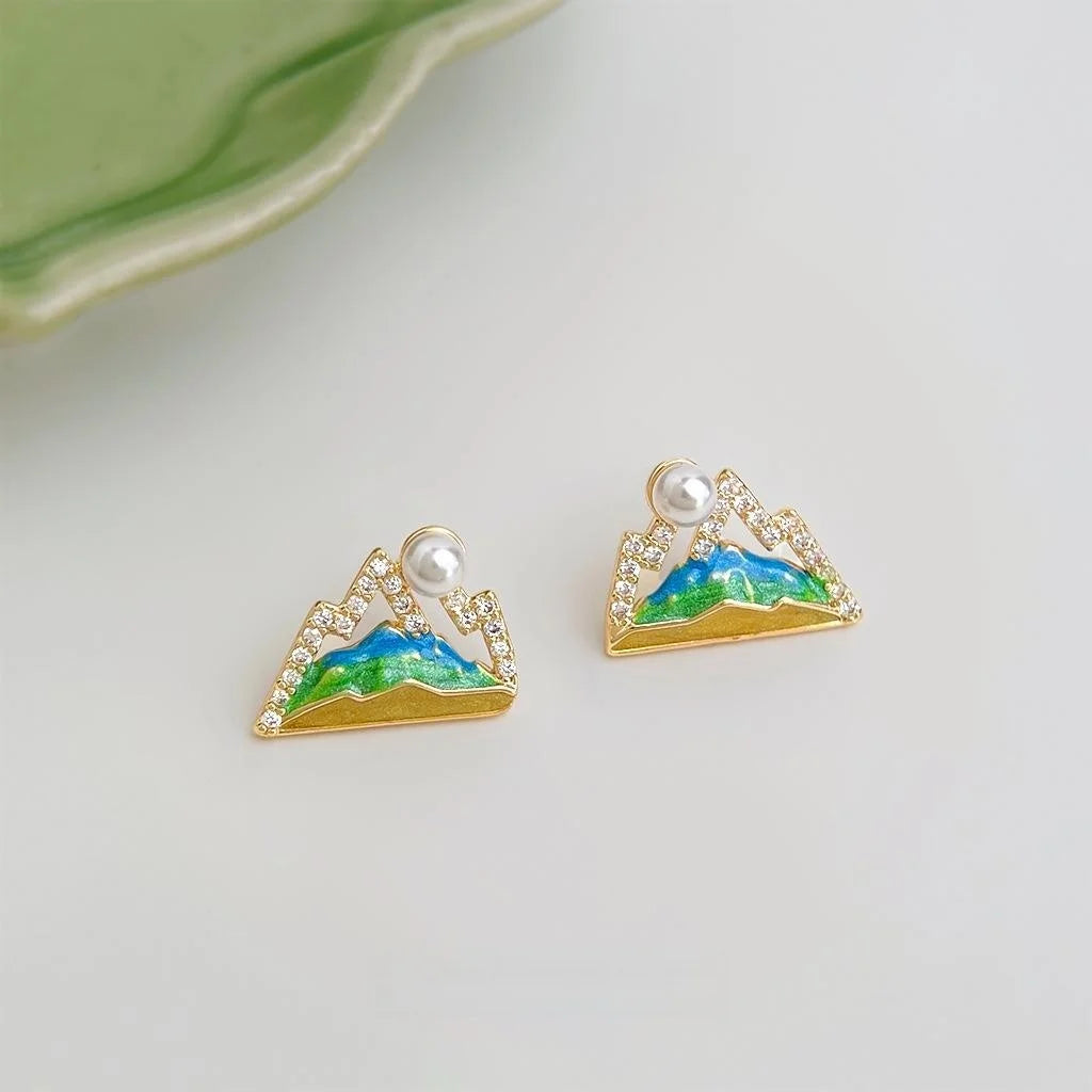 Silver Plated Geometric Pearl Zircon Stud Earrings Hand Painted Enamel Sun Mountain Design