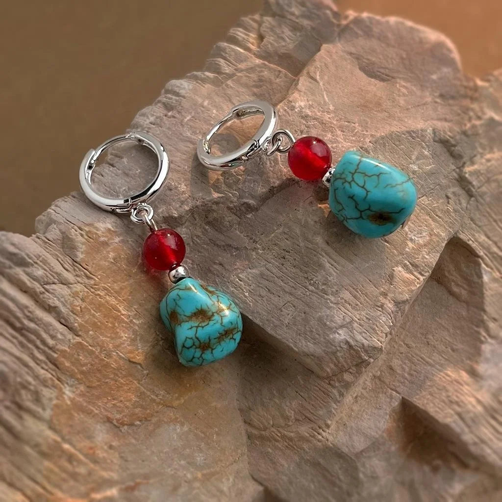 Vintage Ethnic Red Agate Synthetic Turquoise Copper Irregular Geometric Drop Earrings