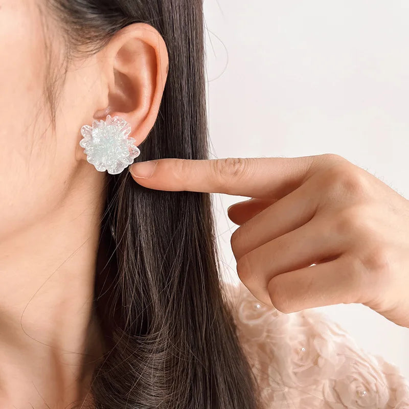 Elegant Translucent Blue Crystal Flower Stud & Clip On No Piercing Fresh Fairy Floral Earrings
