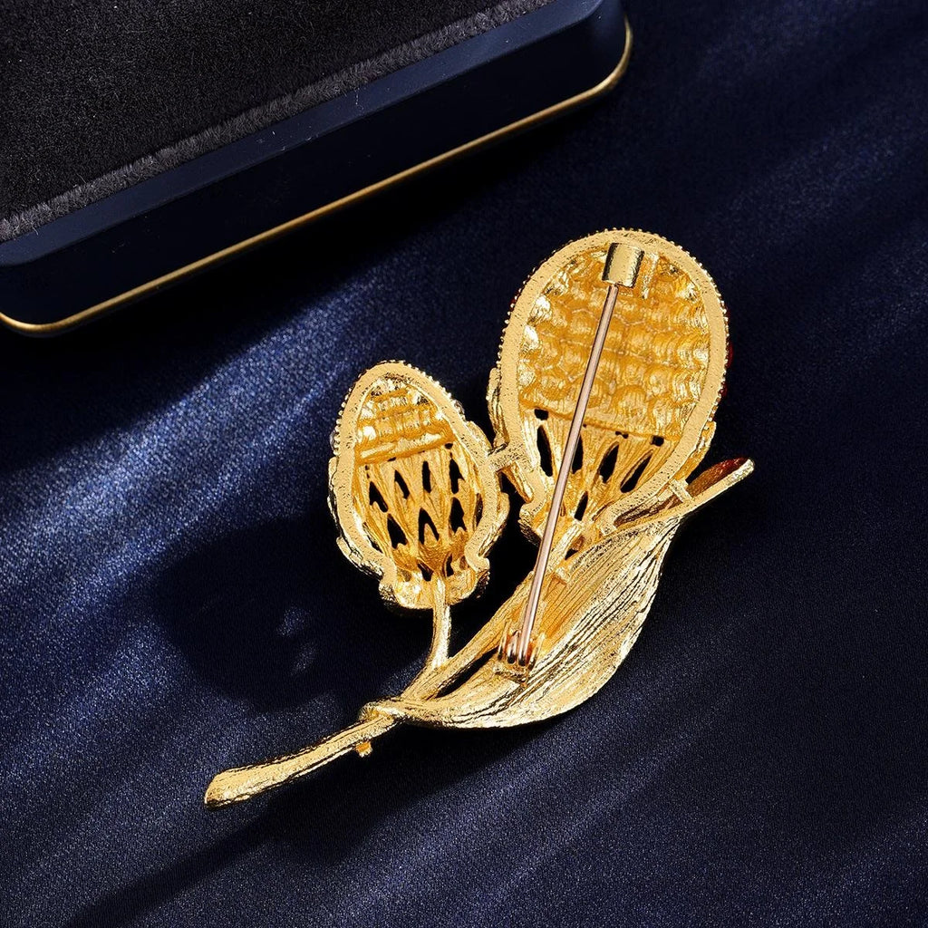 Elegant Gold Alloy Flower Brooch With Red Rhinestone Buds, Women's Lapel Pin Corsage Suit Accessory Gift