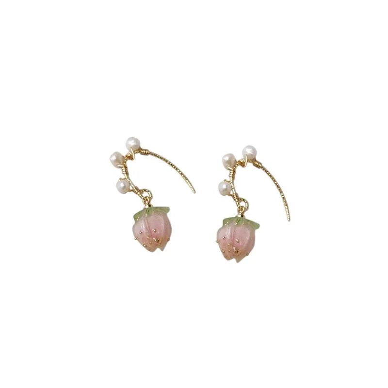 Japanese Sweet Enamel Strawberry Pearl Drop Earrings Elegant Girls Fashion Jewelry