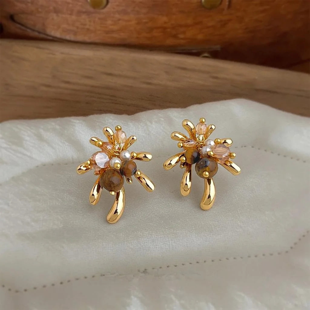 Maillard Style Tiger Eye Pearl Firework Drop Earrings Vintage French Jewelry
